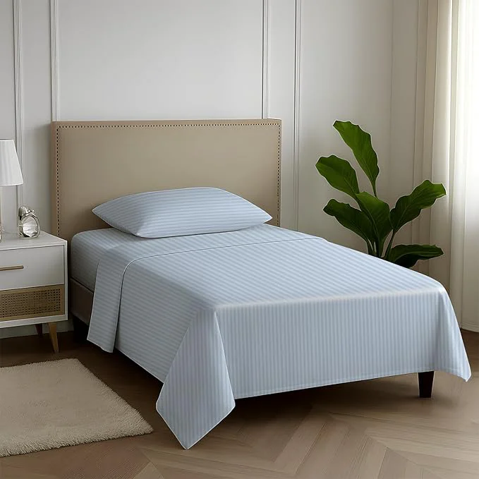 Professional Carressa Linen Luxury Egyptian Cotton Twin Stripe Sheet Set – 600 Thread Count Extra Long Staple 3 PC Set Light Blue Twin Damask Sheets Soft Cooling Sateen Weave Sheets Upto 18 in Deep Pocket Smart