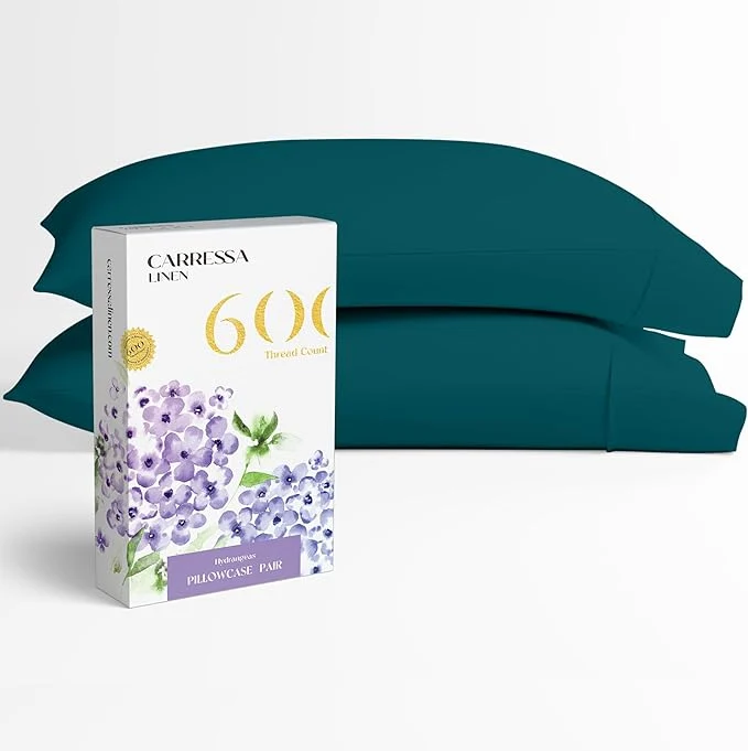 Top-Quality Carressa Linen Egyptian Cotton King Size Pillow Cases Set of 2 – Luxury 600 Thread Count King Pillowcases Peacock Teal Soft Cooling Breathable Sateen Weave Hotel Quality Bed Pillow Cover Fast