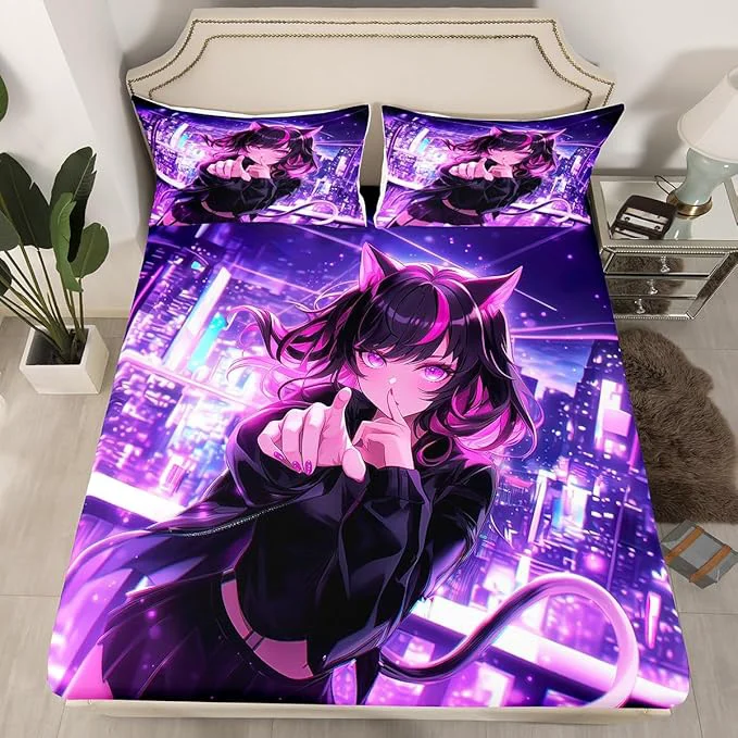 Premium Material Erosebridal Kids Anime Girl Queen Size Bed Sheets Japanese Anime Fitted Sheet Cartoon Girl Bedding Set for Boys Teens Bedroom Decor Kawaii Japanese Animation Bed Set with 2 Pillow Cases Traditional