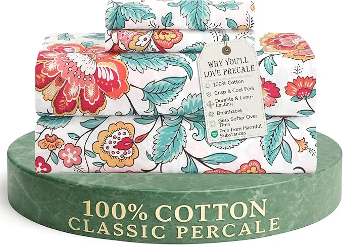 Expertly Made Feather amp Stitch Softest Cotton Sheets 300 Thread Count Percale Weave Bedding 16 quot Deep Pocket Cooling Sheets Breathable Bed Set Hotel Premium Quality Queen Vintage Garden Smooth