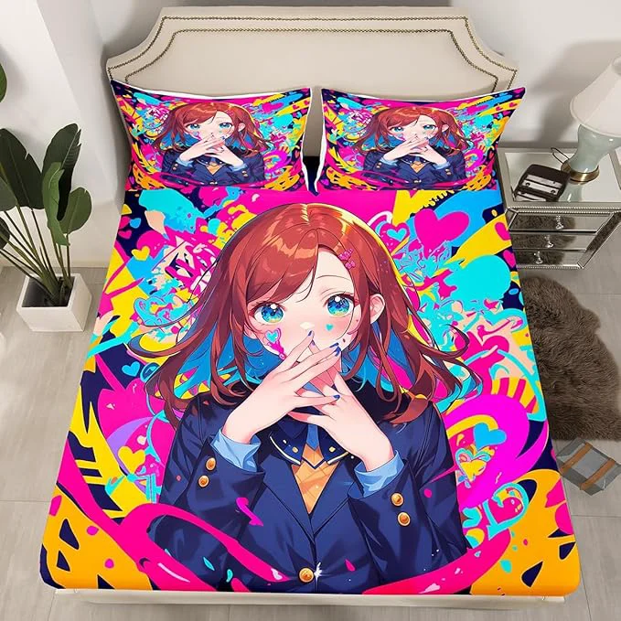 Casual Erosebridal Anime Girl Twin Bed Sheets Japanese Anime Bedding Set 2 Piece for Kids Girls Teens Adult Bedroom Decor Cartoon Girl Fitted Sheet Kawaii Japanese Animation Sheets Innovative