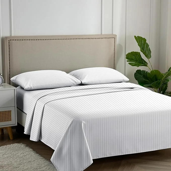 Efficient Carressa Linen Egyptian Cotton California King Size Sheet Set – Striped 600 Thread Count Cal King Sheets White Silky Soft Cooling Sateen Weave 16 quot Deep Pocket Damask Hotel Quality Sheet Top-Quality
