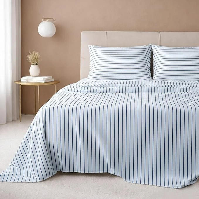 Modern California Design Den Printed Striped Bed Sheets Full Size Set – 600 Thread Count Cotton Sateen Premium Deep Pocket Full Sheet Set – Classic Blue Stripe Print Next-Generation