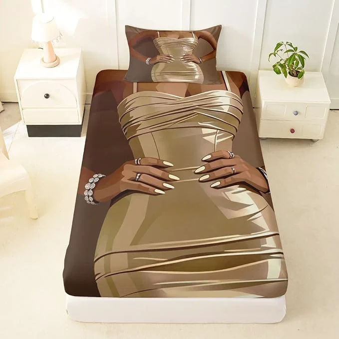 Artisan Erosebridal Fashion Black Woman Fitted Sheet for Kids Vogue Black Girls Twin Bedding Set Fashionable Gorgeous Bed Sheets for Girls Women Teens Romantic Fashion Theme Sheets with 1 Pillow Case Prestigious