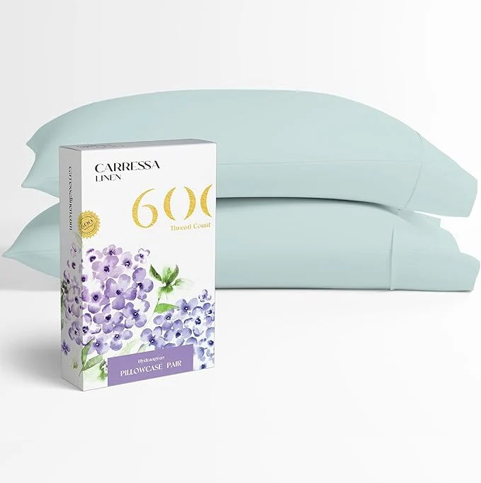 Powerful Carressa Linen Egyptian Cotton Pillow Cases King Size Set of 2 – Luxury 600 Thread Count King Size Pillowcases Sea Foam Silky Soft Cooling Breathable Sateen Weave Hotel Quality Pillow Covers Certified