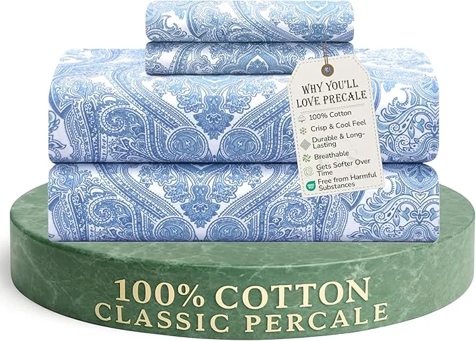 Excellent Feather amp Stitch Softest Cotton Sheets 300 Thread Count Percale Weave Bedding 16 quot Deep Pocket Cooling Sheets Breathable Bed Set Hotel Premium Quality Twin Blue Paisley Expertly Made