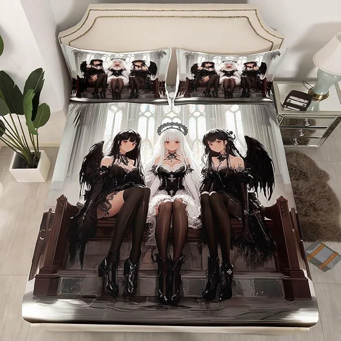 Fashionable Erosebridal Japanese Anime Full Size Bedding Set Anime Girl Bed Sheets Kawaii Japanese Style Fitted Sheet Cartoon Japan Animation Bed Set for Boys Youth Teens Adult Women Bedroom Decor Enhanced
