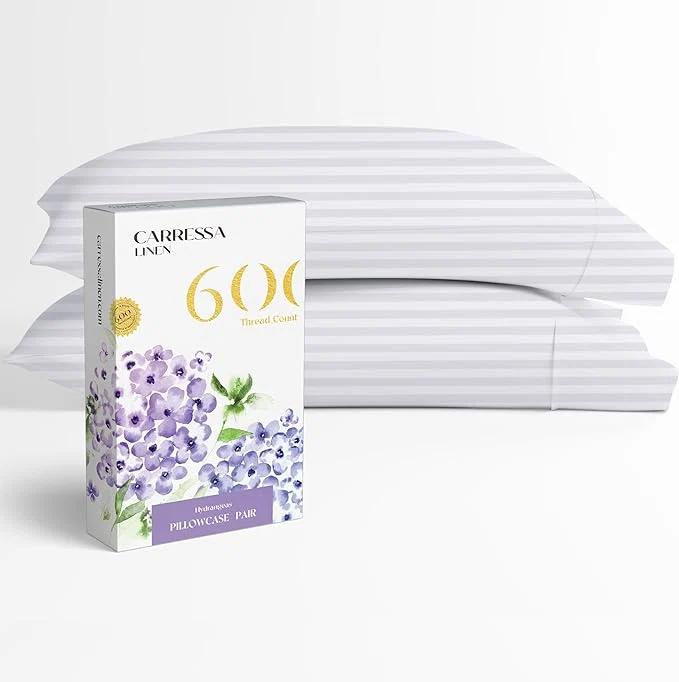 Versatile Carressa Linen Egyptian Cotton King Size Pillow Cases Set of 2 – Luxury 600 Thread Count Stripe White King Pillowcases Soft Cooling Breathable Sateen Weave Hotel Quality Damask Pillow Cover Sustainable