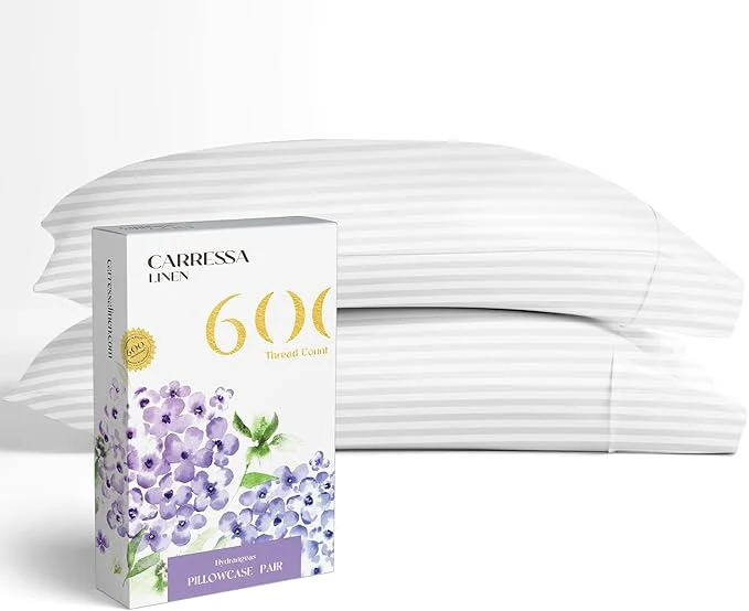 Flexible Carressa Linen Egyptian Cotton Pillow Cases Queen Size Set of 2 – Luxury 600 Thread Count Stripe White Standard Queen Size Pillowcases Silky Soft Cooling Hotel Quality Damask Pillow Cover Crafted
