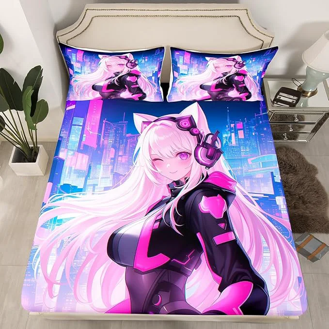 Easy-to-Use Erosebridal Queen Anime Girl Bed Sheets 3 Piece Kawaii Japanese Anime Bedding Set Cartoon Girl Fitted Sheet Sci Fi Style Japanese Animation Sheets for Kids Girls Teens Adult Room Consistent