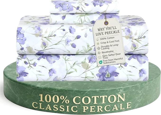 Convenient Feather amp Stitch Softest Cotton Sheets 300 Thread Count Percale Weave Bedding 16 quot Deep Pocket Cooling Sheets Breathable Bed Set Hotel Premium Quality Twin Violet Breeze Minimalist