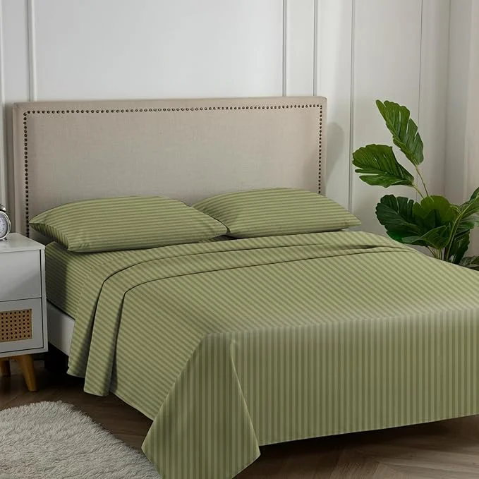Elegant Carressa Linen Egyptian Cotton King Size Sheet Set – Striped 600 Thread Count Egyptian Cotton Sheets King Size Sage Green Silky Soft Cooling Sateen Weave 16 quot Deep Pocket Damask Hotel Sheet High-Quality
