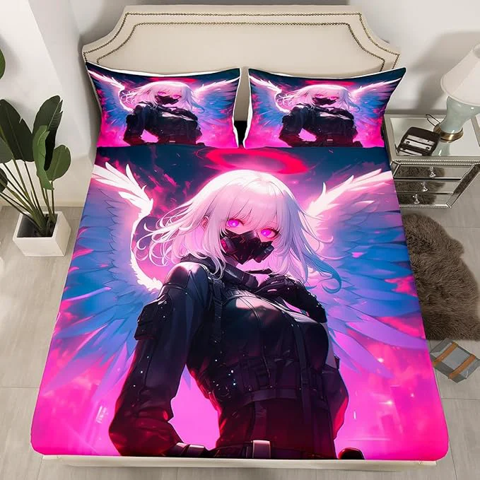Artisan Erosebridal Twin Japanese Anime Bedding Set Anime Girl Fitted Sheet for Kids Girls Teens Men Bedroom Cartoon Girl Bed Sheets Kawaii Japanese Animation Sheets 2 Piece with 1 Pillow Case Breathable
