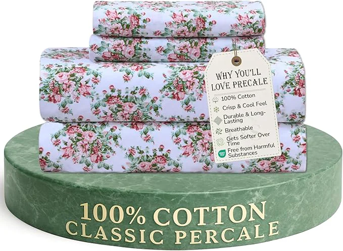 Trendy Feather amp Stitch Softest Cotton Sheets 300 Thread Count Percale Weave Bedding 16 quot Deep Pocket Cooling Sheets Breathable Bed Set Hotel Premium Quality Full Floral Natural