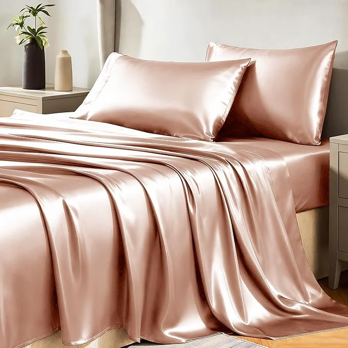 Powerful CozyLux Satin Sheets King Size Sheet Set – 4 Piece Silky King Sheets Luxury Salmon Pink King Bed Set with Smooth and Soft Microfiber Includes 1 Fitted Sheet 1 Flat Sheet and 2 Pillowcases High-Performance