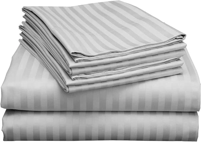 Original Design Mattress-Homes Ultra-Soft Breathable Hotel Luxury Collection Split King Size 7 Piece Crisp Sheet Set Egyptian Cotton Extra Deep Pocket Upto 21 quot Machine Washable Sheets in Light Grey Stripe Relaxed