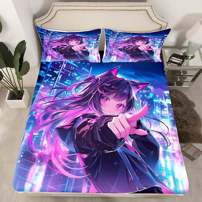 Fast Erosebridal Kids Anime Girl Twin Size Bedding Set Japanese Anime Bed Sheets Cartoon Girl Fitted Sheet for Boys Teens Bedroom Decor Kawaii Japanese Animation Bed Set with 1 Pillow Case Exclusive