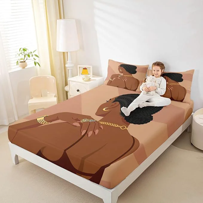 Stylish Erosebridal Fashion Black Woman Bedding Set Full Size 3 Piece Romantic Makeup Themed Girls Bed Sheets Fashionable Gorgeous Fitted Sheet Vogue Afro Girls Sheets for Kids Teens Adult Bedroom Expertly Made