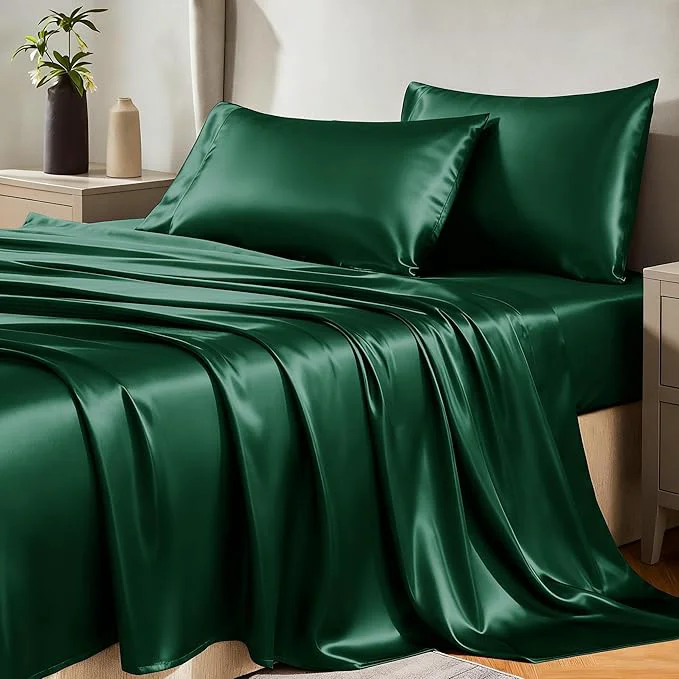 Exclusive CozyLux Satin Sheets Full Size Sheets – 4 Piece Silky Full Size Bed Sheets Luxury Dark Green Full Bed Set with Smooth and Soft Microfiber Includes 1 Fitted Sheet 1 Flat Sheet and 2 Pillowcases Exceptional
