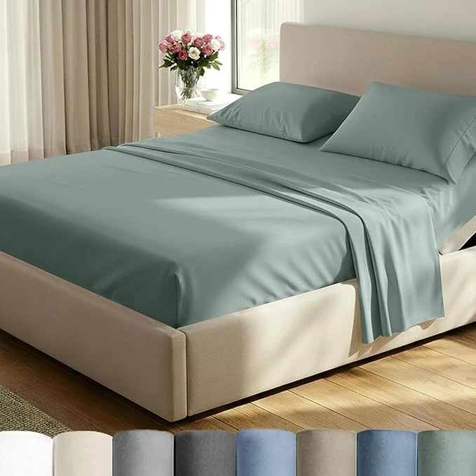 Healthy California Design Den Split King Sheet Set – Cotton 600 Thread Count Breathable Luxury King Size Sheets for Adjustable Bed Luxury Hotel-Quality Sheets Soft Sateen Sage Green – Cool Tone Certified