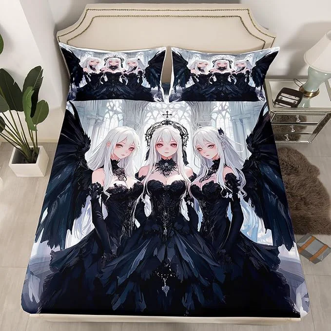 Premium Erosebridal Japanese Anime Full Size Fitted Sheet Anime Girl Bedding Set Kawaii Japanese Style Bed Sheets Cartoon Japan Animation Bed Set for Boys Teens Adult Women Bedroom Decor Black Convenient