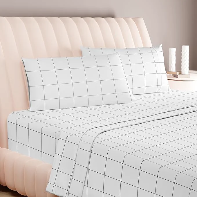 Organic Carressa Linen Luxury Egyptian Cotton King Printed Sheet Set – 600 Thread Count Extra Long Staple 4 PC Set Window Pane King Printed Sheets Soft Cooling Sateen Weave Sheets Upto 18 in Deep Pocket Fast