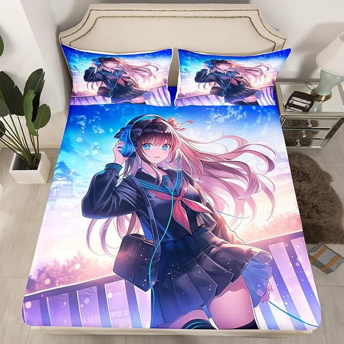 Fast Erosebridal Anime Girl Fitted Sheet Queen Size Japanese Anime Bedding Set for Kids Boys Teens Bedroom Decor Cartoon Girl Bed Sheets Kawaii Japanese Animation Bed Set with 2 Pillow Cases Solid