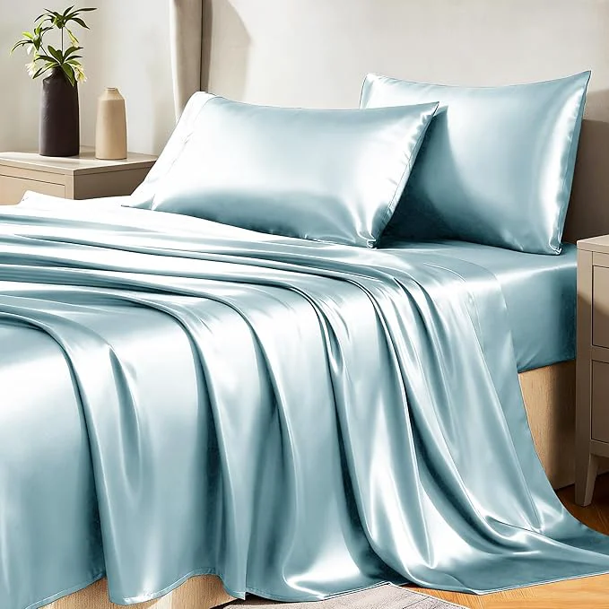 Authentic CozyLux Satin Sheets Full Size Sheets – 4 Piece Silky Full Size Bed Sheets Luxury Light Blue Full Bed Set with Smooth and Soft Microfiber Includes 1 Fitted Sheet 1 Flat Sheet and 2 Pillowcases Convenient