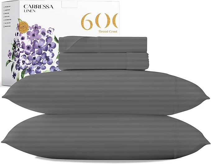 Prestigious Carressa Linen Luxury Egyptian Cotton California King Stripe Sheet Set 600 Thread Count Extra Long Staple 4 PC Set Cal King Stripe Sheets Soft Cooling Striped Sheets 16 in Deep Pocket – Dark Grey Casual