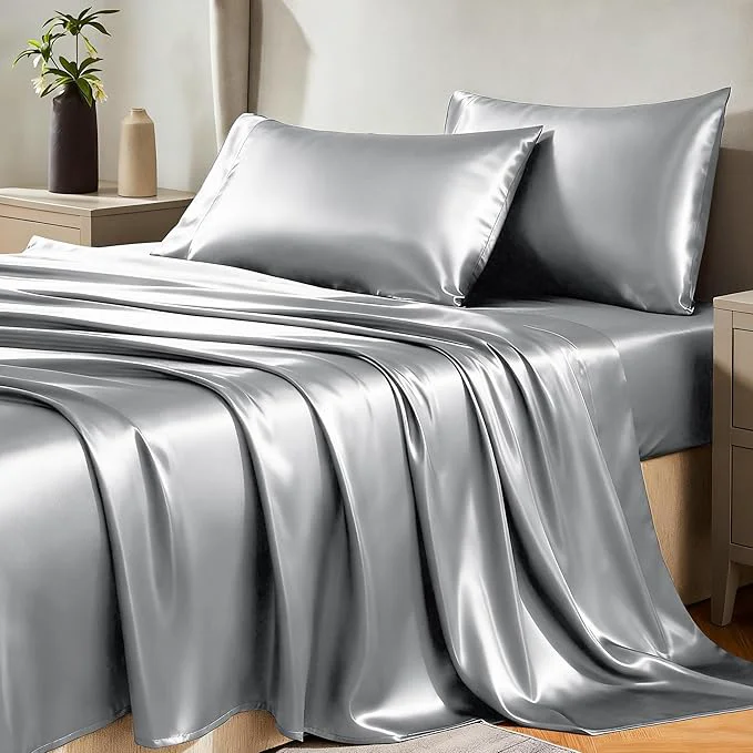CozyLux Satin Sheets Queen Size Bed Set – 4 Piece Silky Queen Sheet Set Luxury Light Grey Queen Sheets with Smooth and Soft Microfiber Includes 1 Fitted Sheet 1 Flat Sheet and 2 Pillowcases Exceptional