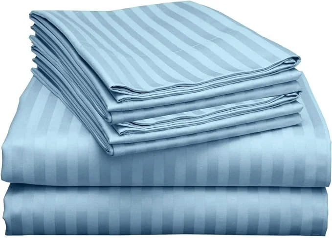 Advanced Mattress-Homes Ultra-Soft Breathable Hotel Luxury Collection Split King Size 7 Piece Crisp Sheet Set Egyptian Cotton Extra Deep Pocket Upto 21 quot Machine Washable Sheets in Light Blue Stripe Certified