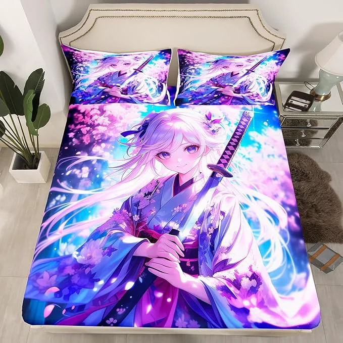 Reusable Erosebridal Anime Girl Queen Bedding Set for Kids Kawaii Japanese Anime Fitted Sheet Cartoon Girl Bed Sheets Sci Fi Style Japanese Animation Sheets for Kids Girls Teens Adult Bedroom Stylish