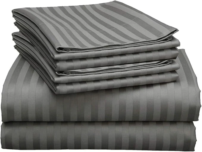 High-End Mattress-Homes Premium Collection 7 PC Split Sheet Set Egyptian Cotton Crisp Fits Mattress Up to 18 quot DEEP Pocket King Size Machine Wash Extra-Soft Breathable Sheets in Dark Grey Stripe Detailed