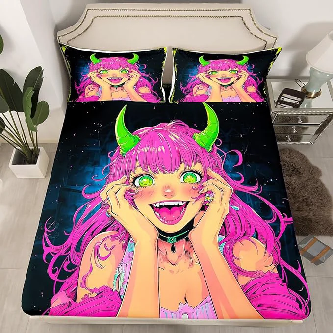 User-Friendly Erosebridal Anime Girl Bed Sheets Twin Size Japanese Anime Fitted Sheet for Kids Boys Teens Bedroom Decor Cartoon Girl Bedding Set Kawaii Japanese Animation Bed Set with 1 Pillow Case Selected