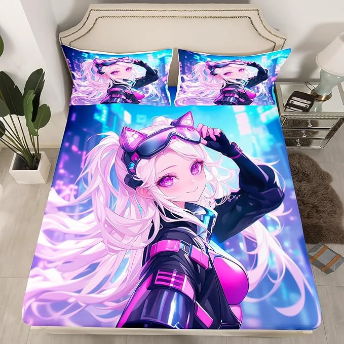 Versatile Erosebridal Girls Japanese Anime Fitted Sheet Twin Kawaii Anime Girl Bed Sheets Cartoon Girl Bedding Set for Kids Teens Adult Women Japanese Animation Sci Fi Style Sheets Blue Purple Flexible