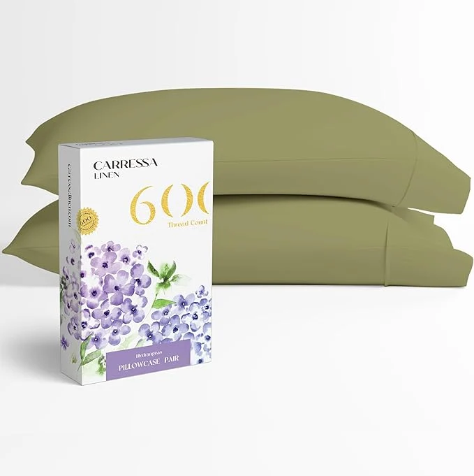 High-Grade Carressa Linen Egyptian Cotton Pillow Cases Queen Size Set of 2 – Luxury 600 Thread Count Sage Green Standard Queen Size Pillowcases Silky Soft Cooling Sateen Weave Hotel Quality Pillow Cover Lightweight