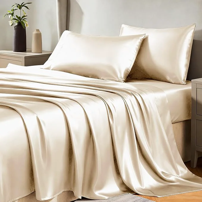 Proven CozyLux Satin Sheets King Size Sheet Set – 4 Piece Silky King Sheets Luxury Champagne King Bed Set with Smooth and Soft Microfiber Includes 1 Fitted Sheet 1 Flat Sheet and 2 Pillowcases Eco-Friendly