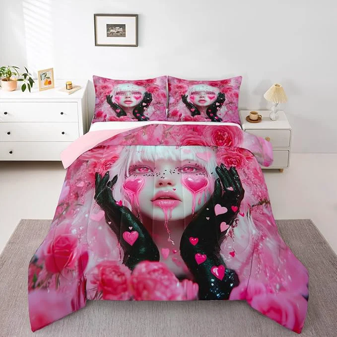 Traditional Erosebridal Pink Girl Comforter Set Twin Size Romance Rose Flowers Toddler Bedding Sets for Girls Anime Bedding Set Modern Fashion Lady Art Duvet Insert Love Hearts Quilt with 1 Pillowcase Quality
