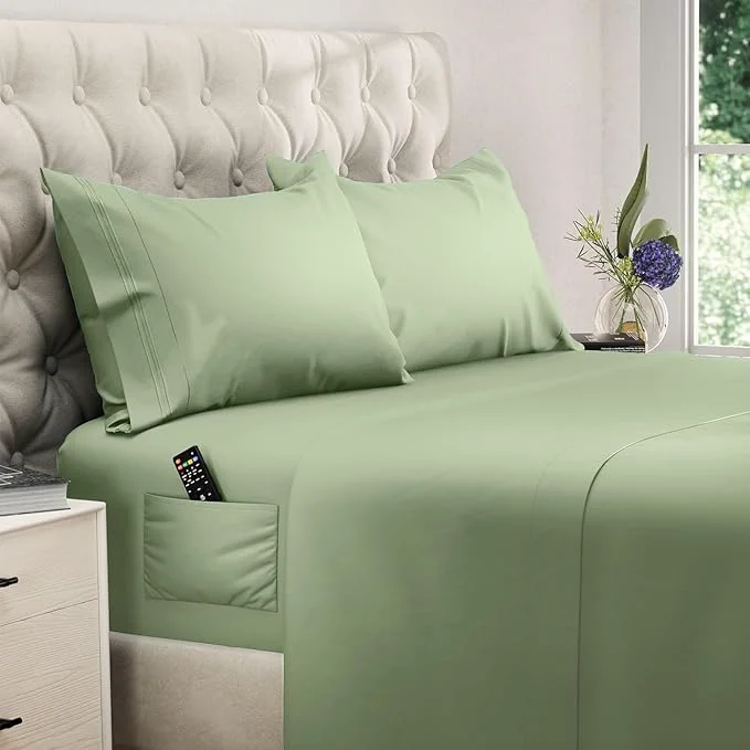 Classic DREAMCARE Queen Sheet Set – 4 pcs Cooling Sheets – up to 21 Extra Deep Pocket Queen Sheets – Hotel Luxury Pillowcases – Superior Softness Microfiber with Side Pocket – Sage Green High-End