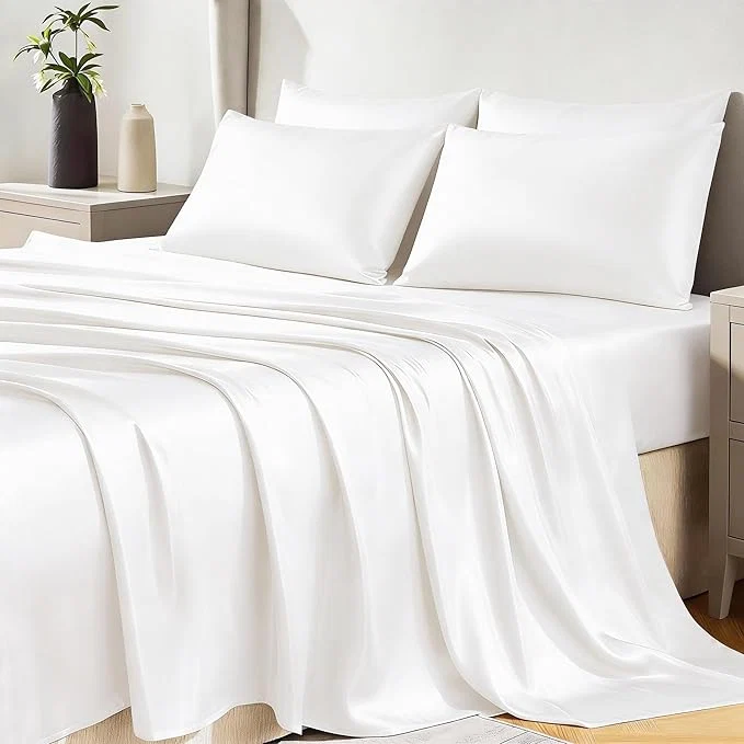 Premium Material CozyLux Satin Sheets Full Size Sheets – 6 Piece Silky Full Size Bed Sheets Luxury White Full Bed Set with Smooth and Soft Microfiber Includes 1 Fitted Sheet 1 Flat Sheet and 4 Pillowcases Optimized