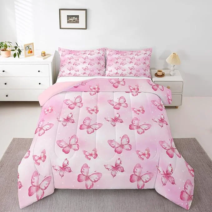 User-Friendly Erosebridal Pink Butterfly Comforter Set for Kids Boys Girls 3D Pink Dreamy Butterfly Bedding Colorful Ink Stick Printing Duvet Set All Season Microfiber Comforter King with 2 Pillowcases Expertly Made