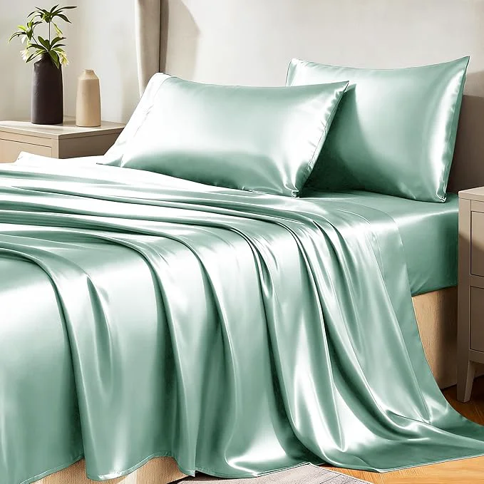 Safe CozyLux Satin Sheets Queen Size Bed Set – 4 Piece Silky Queen Sheet Set Luxury Aqua Queen Sheets with Smooth and Soft Microfiber Includes 1 Fitted Sheet 1 Flat Sheet and 2 Pillowcases Professional