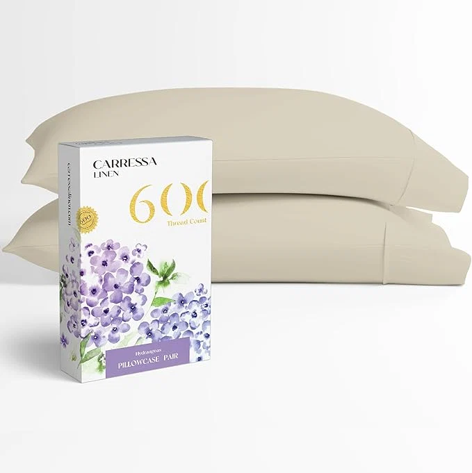 Flexible Carressa Linen Egyptian Cotton King Size Pillow Cases Set of 2 – Luxury 600 Thread Count King Pillowcases Sand Silky Soft Cooling Breathable Sateen Weave Hotel Quality Bed Pillow Cover Relaxed