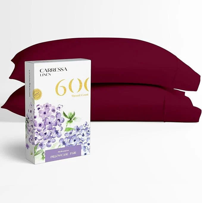 Stylish Carressa Linen Egyptian Cotton King Size Pillow Cases Set of 2 – Luxury 600 Thread Count King Pillowcases Burgundy Silky Soft Cooling Breathable Sateen Weave Hotel Quality Bed Pillow Cover Outstanding