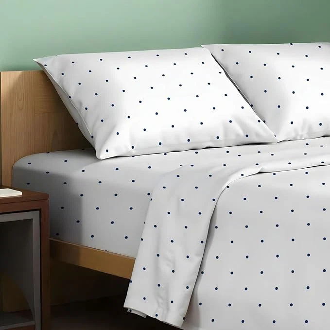 Trusted TEXAS LINEN CO. Organic Cotton Printed Sheets King Size – 4 PC Organic Cotton Percale Sheets King Set Polka Dot – Navy Cooling amp Breathable Sheet 16 quot Deep Pocket – GOTS High-End