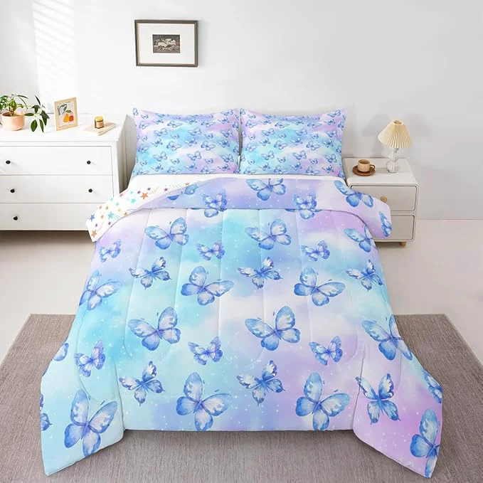 Clean Erosebridal Pink Blue Butterfly Bedding Queen Watercolor 3D Printed Comforter Set Purple Colorful Rainbow Bed Sets Fantasy Dreamy Princess Duvet Insert 3 Pieces Reliable