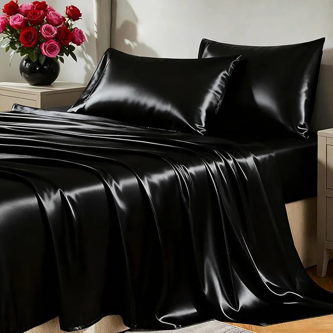 Responsible CozyLux Satin Sheets Queen Size Bed Set – 4 Piece Silky Queen Sheet Set Luxury Black Queen Sheets with Smooth and Soft Microfiber Includes 1 Fitted Sheet 1 Flat Sheet and 2 Pillowcases Genuine