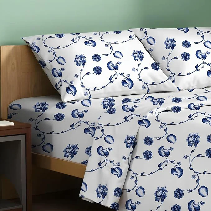 Easy-to-Use TEXAS LINEN CO. Organic Cotton Printed Sheets California King Size – 4 PC Organic Cotton Cal King Percale Weave Sheet Set Soft Cooling amp Crisp 16 quot Deep Pocket Hotel Bedding Set – Floral Blue Artisan