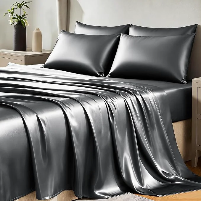 Responsible CozyLux Satin Sheets Queen Size Bed Set – 6 Piece Silky Queen Sheet Set Luxury Dark Grey Queen Sheets with Smooth and Soft Microfiber Includes 1 Fitted Sheet 1 Flat Sheet and 4 Pillowcases Powerful