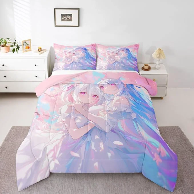 Unique Erosebridal 3D Kawaii Girly Bedding King Size Japanese Girl Comforter Set for Kids Toddler Girls Cherry Blossoms Bedding Comforter Sets Watercolor Romance Duvet Set Happy Friendship Down Comforter Superior